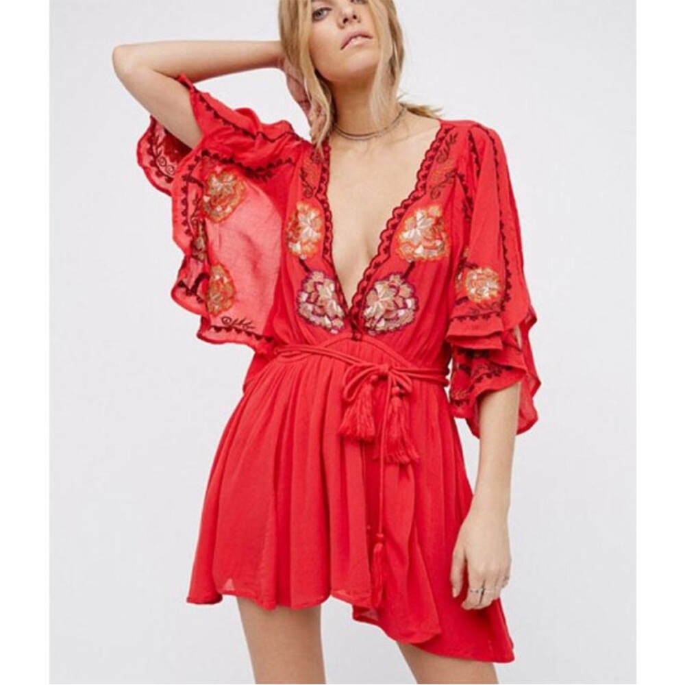 Free People dress Red Floral Embroidered V-Neck Flowy Boho Mini Dress A-Line